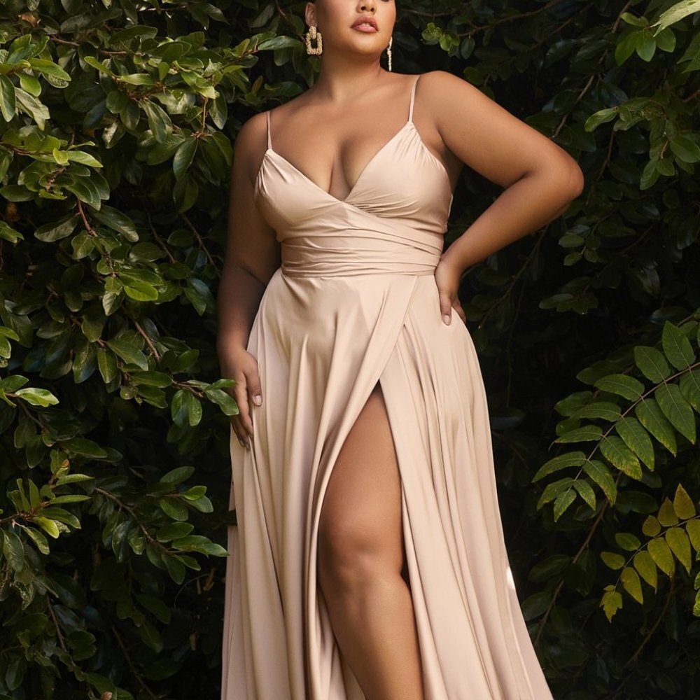 NUDE PLUS SIZE PROM PARTY SWEETHEART NECKLINE SOFT SATIN A-LINE CURVY CD7485